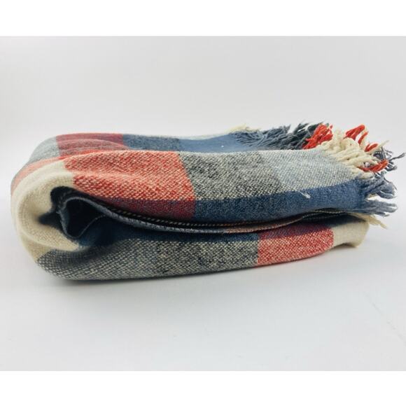 Faribault Woolen Mill Blanket Throw Plaid Fringed Blue Orange Cream FLAWS USA Wo - Picture 6 of 11